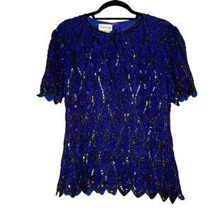 Stenay silk‎ blue cocktail evening blouse with black sequins and beading. Size M